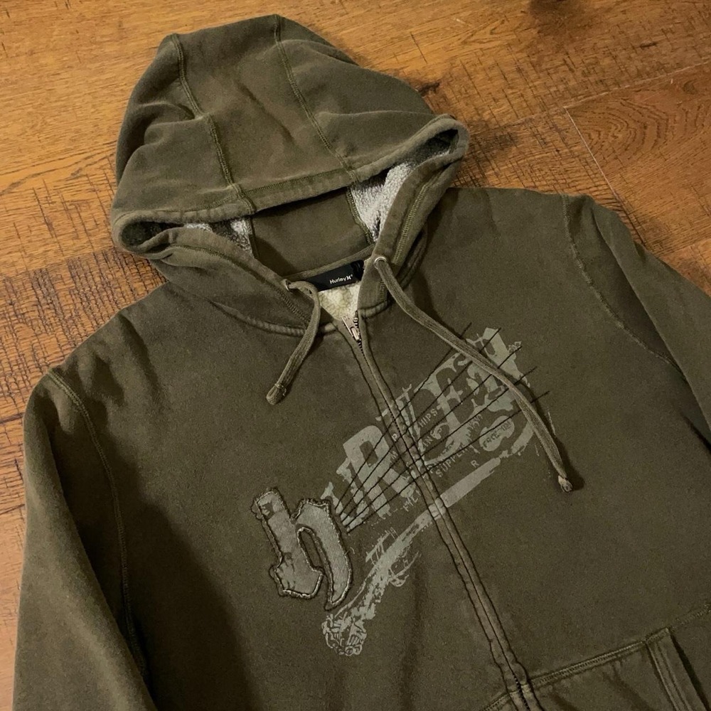 Hurley Zip Up Hoodie Mens XL Olive Green Skater Sherpa Lined Vintage Graphic